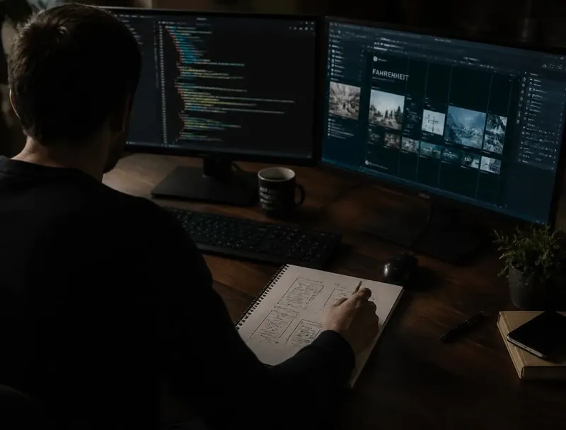 A designer sketching website wireframes at a desk with two monitors
