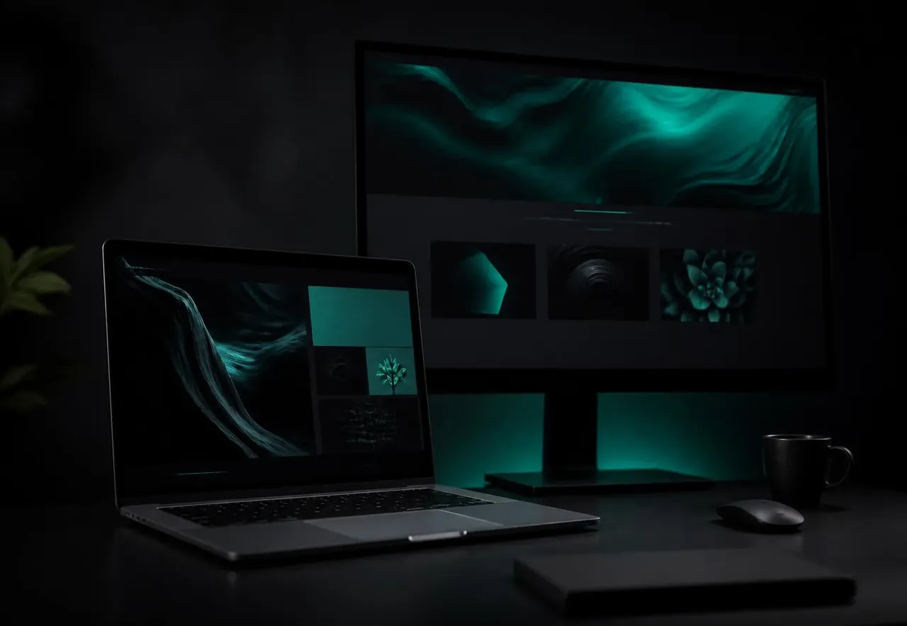 Website design work in progress on a laptop and monitor